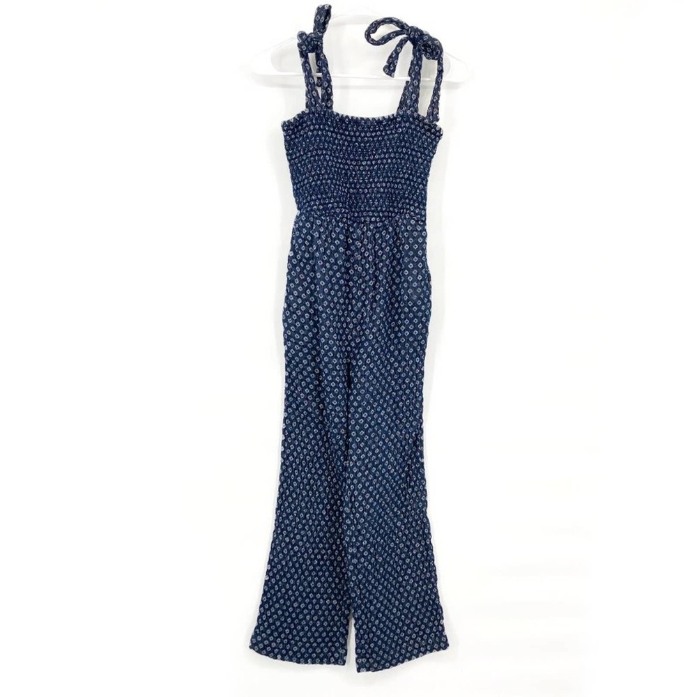 Universal Thread Navy Print Smocked Tie Shoulder Strap Jumpsuit w/ Pockets - XS